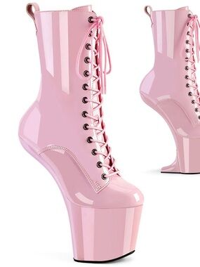 Pleaser Glossy Pink High-Platform Lace-Up Ankle Boots